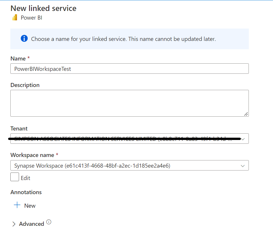 New linked service, Power BI example.