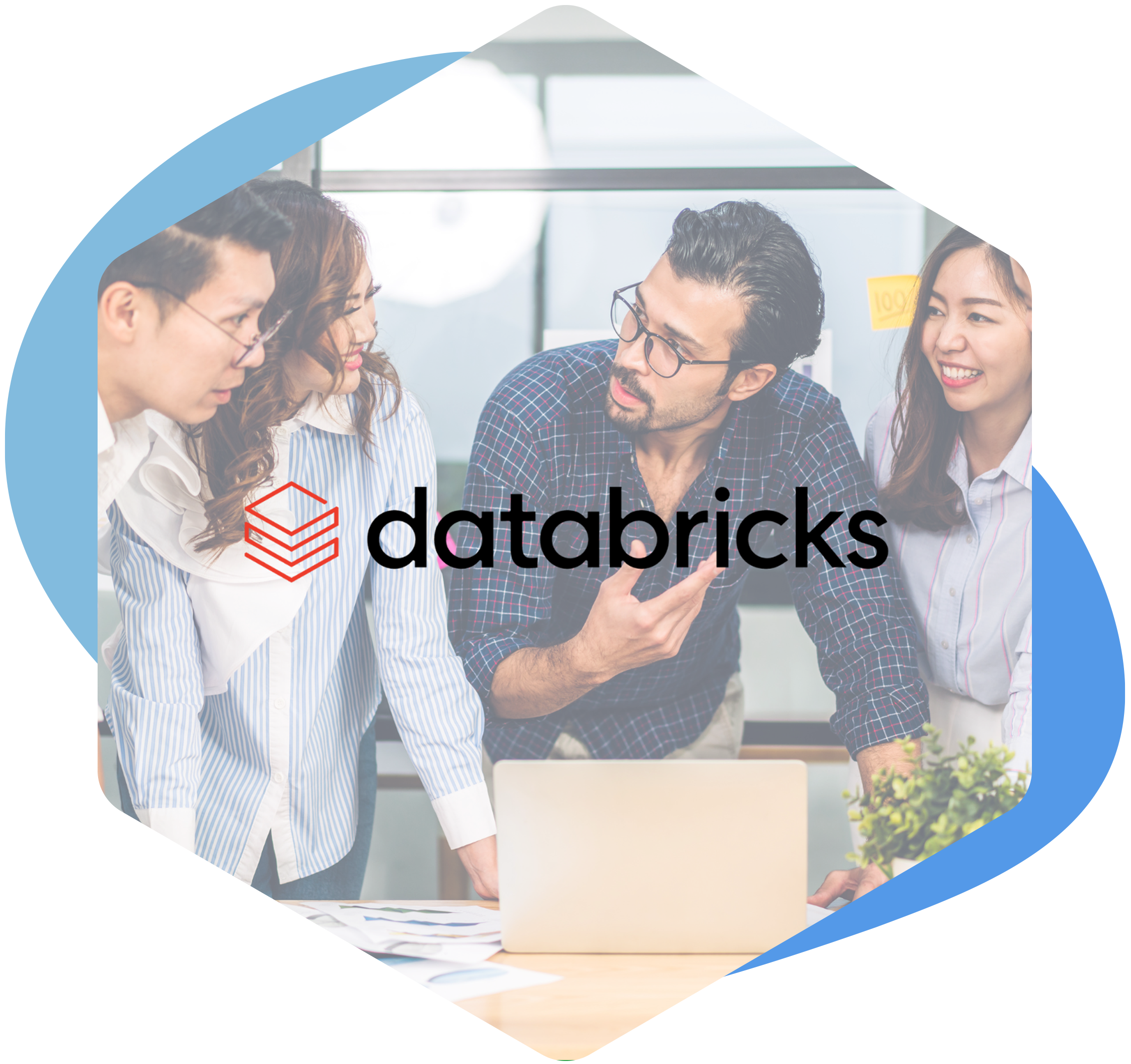 A hexagon shape showing both the Databricks logo, as well as a group of people in discussion.