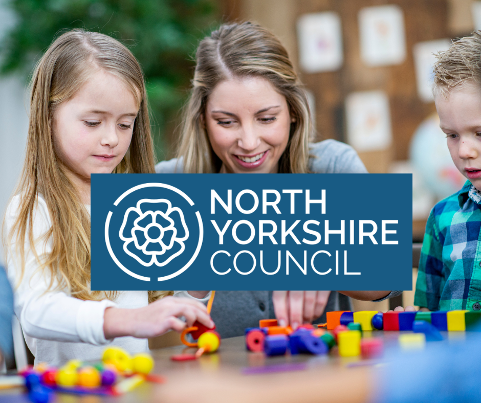 North Yorkshire Council logo with a background image of a family playing with building toys.