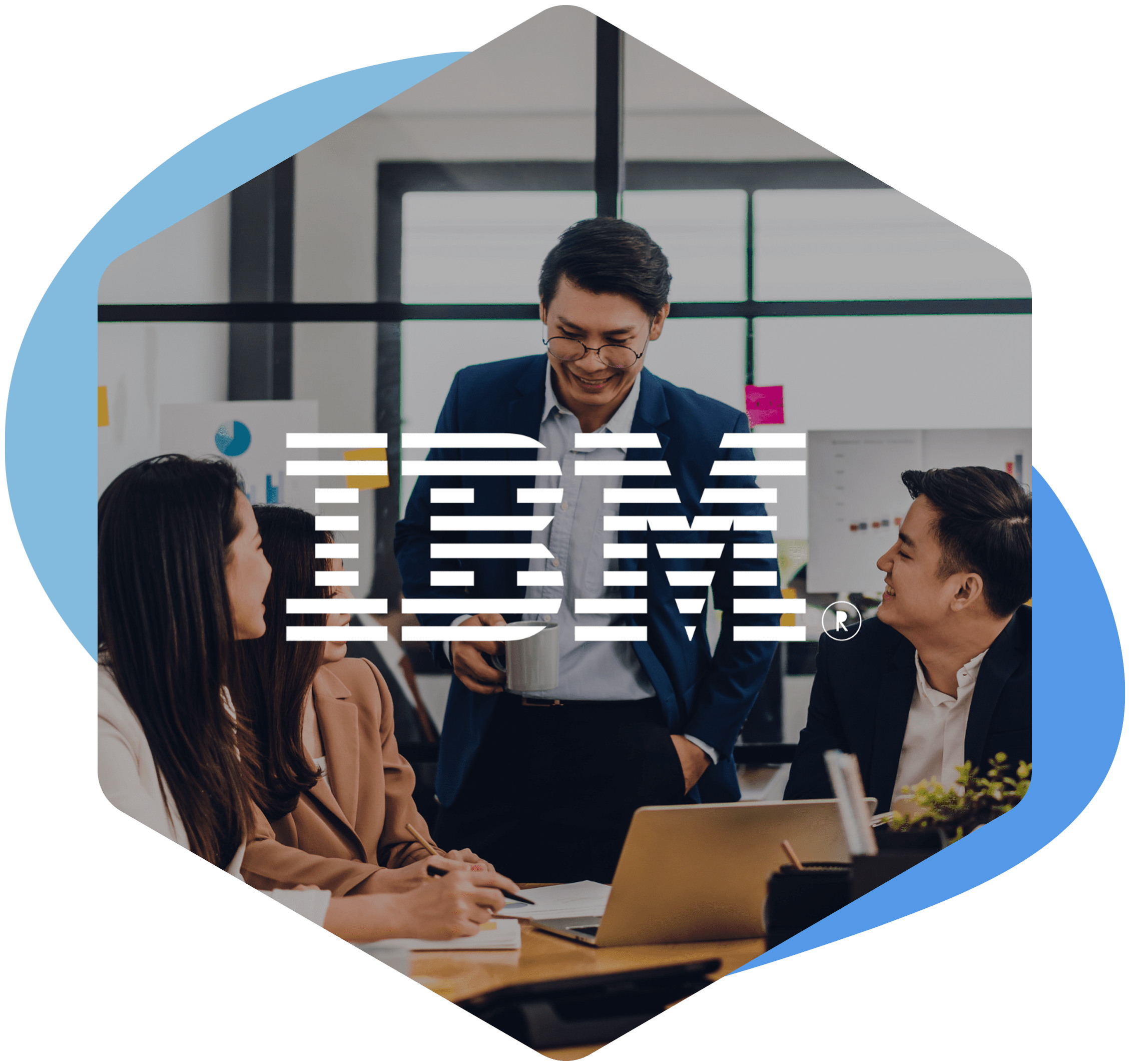 IBM Logo placed on a hexagon image of employees in discussion around a table.