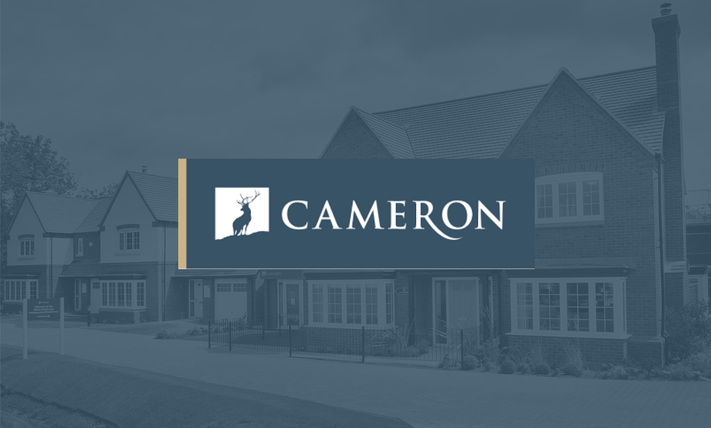 Cameron Homes Logo with a background of a street of houses.