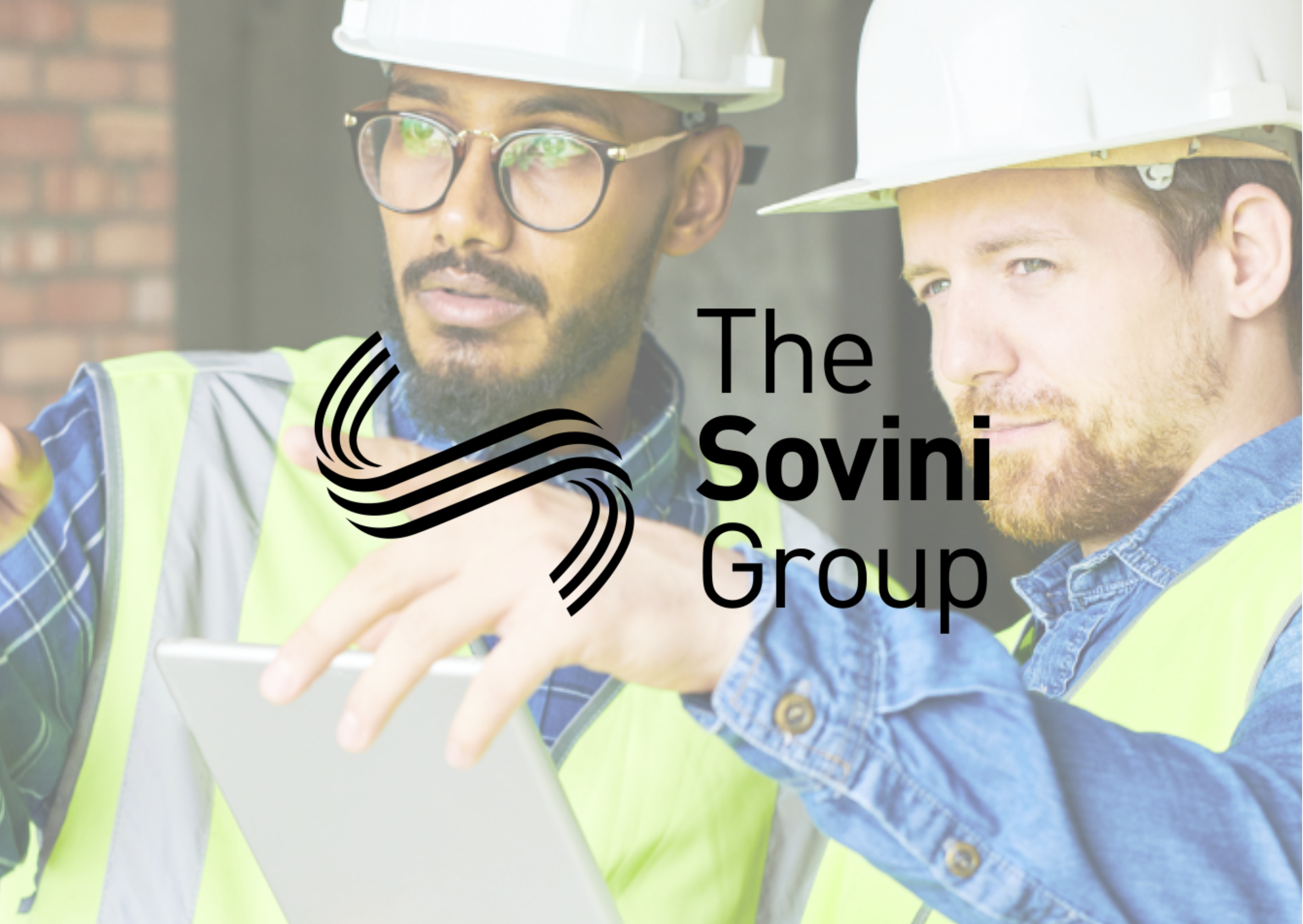 The Sovini Group Logo with a background of workers wearing high visibility clothing.