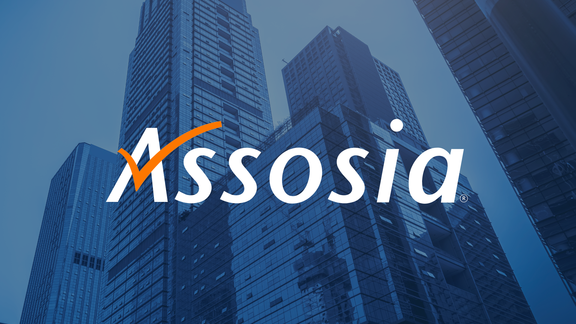 Assosia logo with a building background.